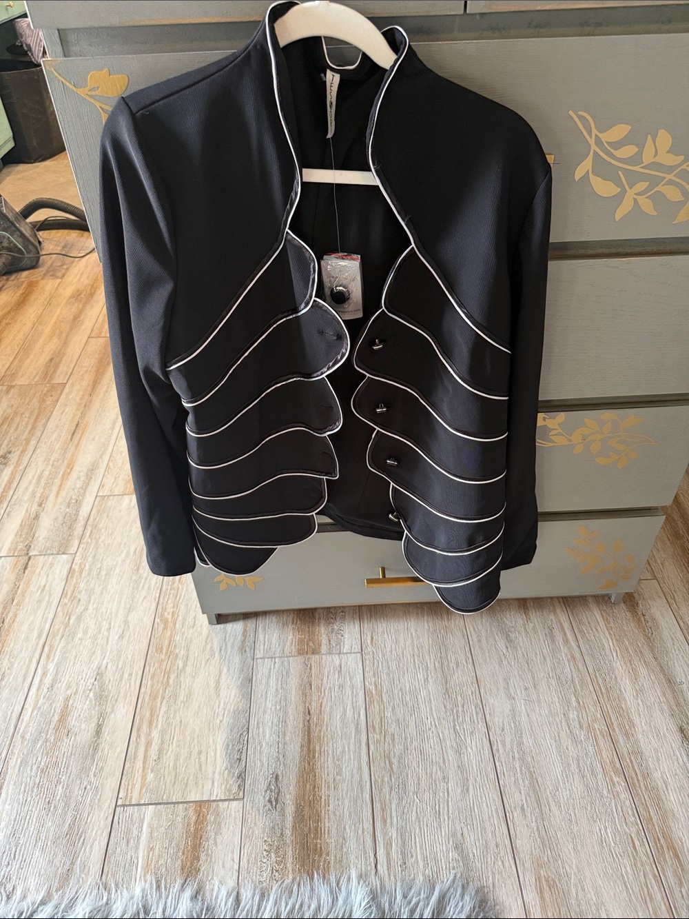 Tesori Black Blazer with White Piped Ruffle Panels